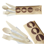 48 Tris Cucchiaio coltello e forchetta in legno 16cm con tovagliolo Leone