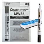 PENTEL Bundle 12pz marcatore white board MW85 nero punta tonda + cancellino magnetico P