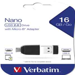 VERBATIM MEMORIA USB2.0 16GB STORE 'N' STAY NANO + OTG MICRO USB ADAPTER